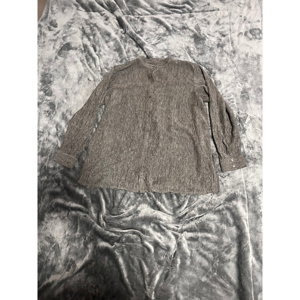 Has No size Grey Crinkle Texture Band Collar Button Down Blouse Long Sleeve Top